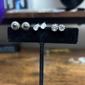 3 Pair Silver Stud Earrings Set